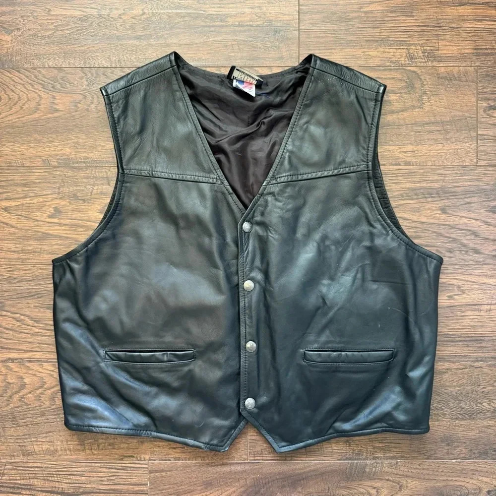 Authentic Gear NRA Black Leather Button Vest Conceal Carry Pockets Size Large